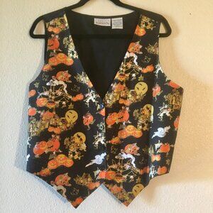 Basic Editions Halloween Vest Black Orange Size L Pumpkins Black Cat Witch Ghost